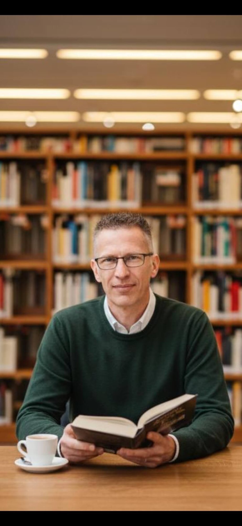 André Dieckmann, Inhaber Immobilien Ratgeber, Porträt in einer Bibliothek vor Buchregalen.
